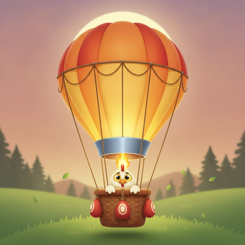 BalloniX hot air balloon with cartoon chicken pilot rising over twilight pastoral landscape, golden yellow and orange balloon envelope with burner flame