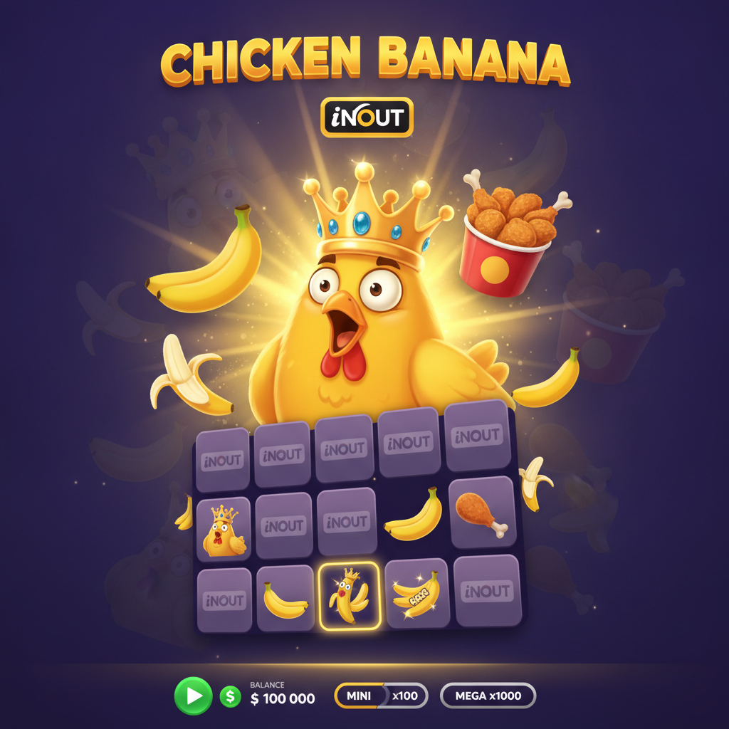 Chicken Banana slot game by InOut with cartoon chicken wearing golden crown, banana symbols, 5x4 card grid, and MEGA x1000 jackpot indicator