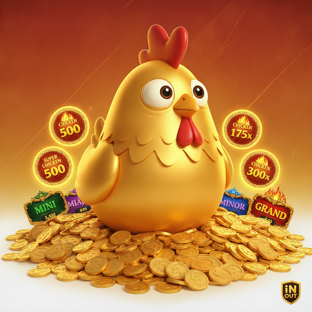 Chicken Coin: Hold and Win slot featuring cartoon golden chicken mascot sitting on pile of gold coins with Super Chicken Coin symbols and jackpot badges
