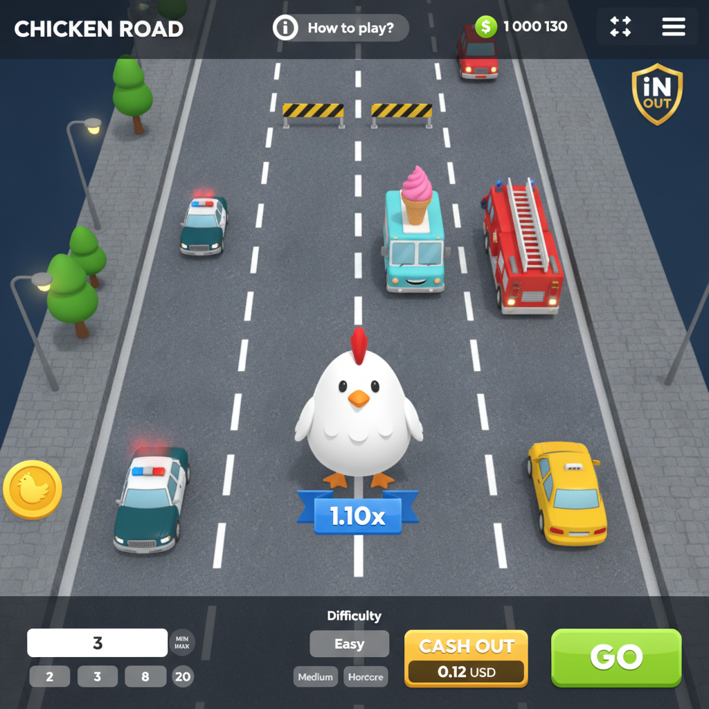 Chicken Road game showing cartoon white chicken crossing busy multi-lane road with police cars ice cream trucks and fire trucks in top-down view