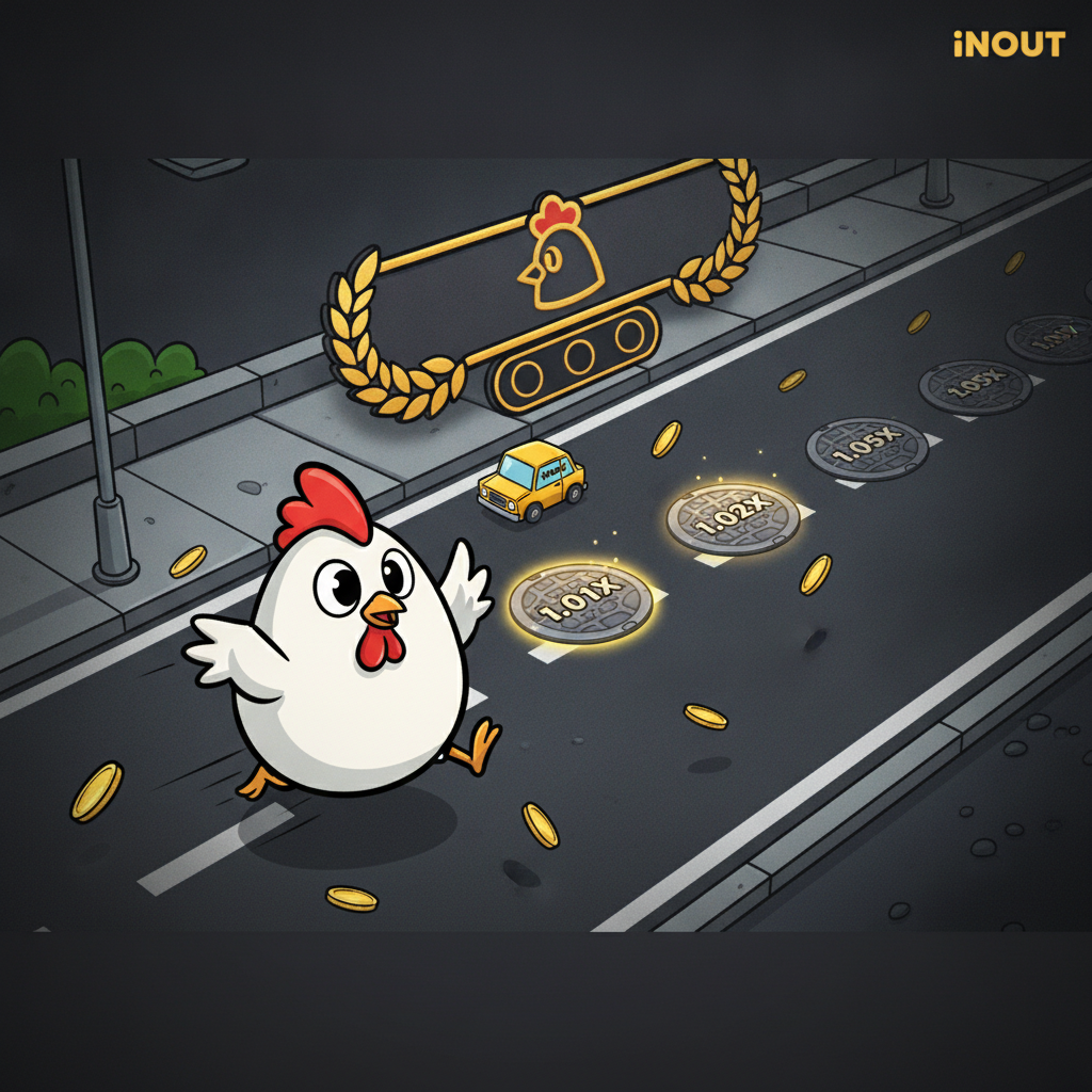Chicken Road 2 Bonus slot game featuring white cartoon chicken with red comb crossing dark asphalt road with multiple lanes, golden coins, and multiplier values on manhole covers