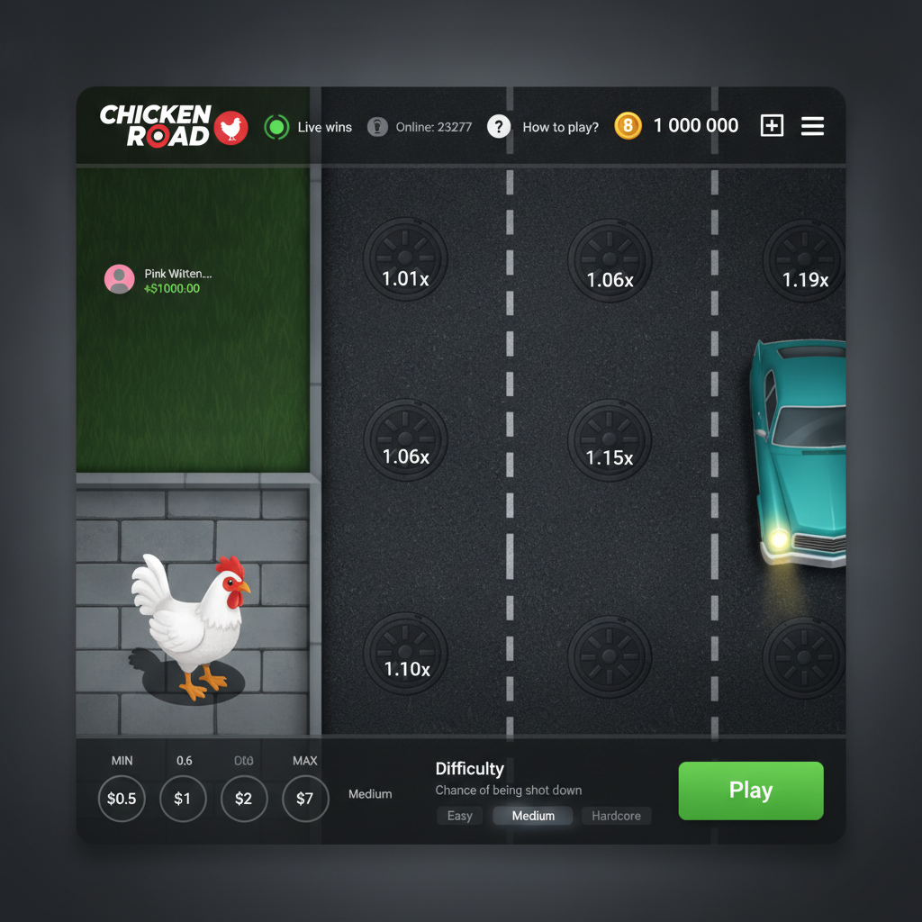 Chicken Road 2 game showing white chicken crossing six-lane highway with multiplier manholes and turquoise car