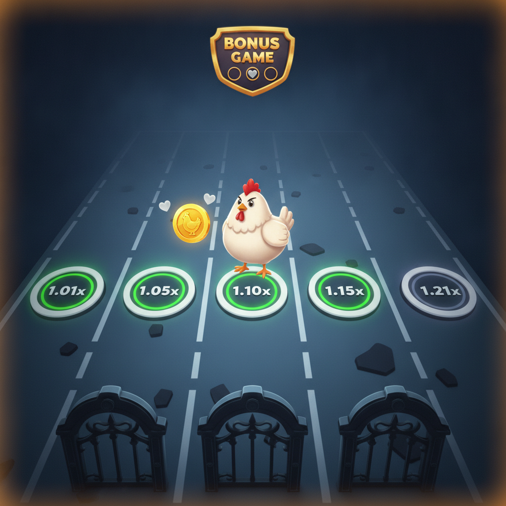 Chicken Road Bonus slot game featuring cartoon white chicken crossing road lanes with multiplier circles and golden egg bonus coins