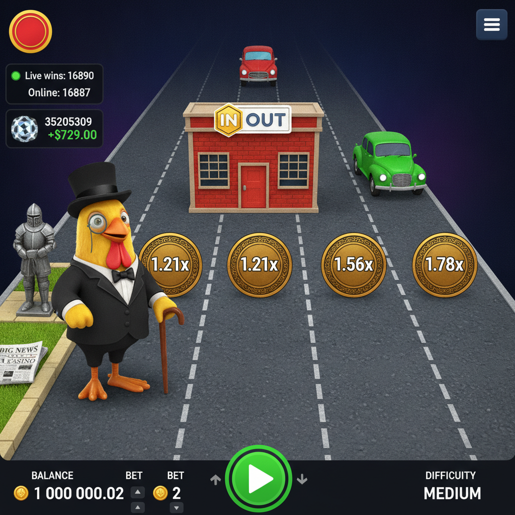 Chicken Road Gold dapper chicken mascot in top hat and monocle crossing asphalt road with golden multiplier coins and obstacle cars