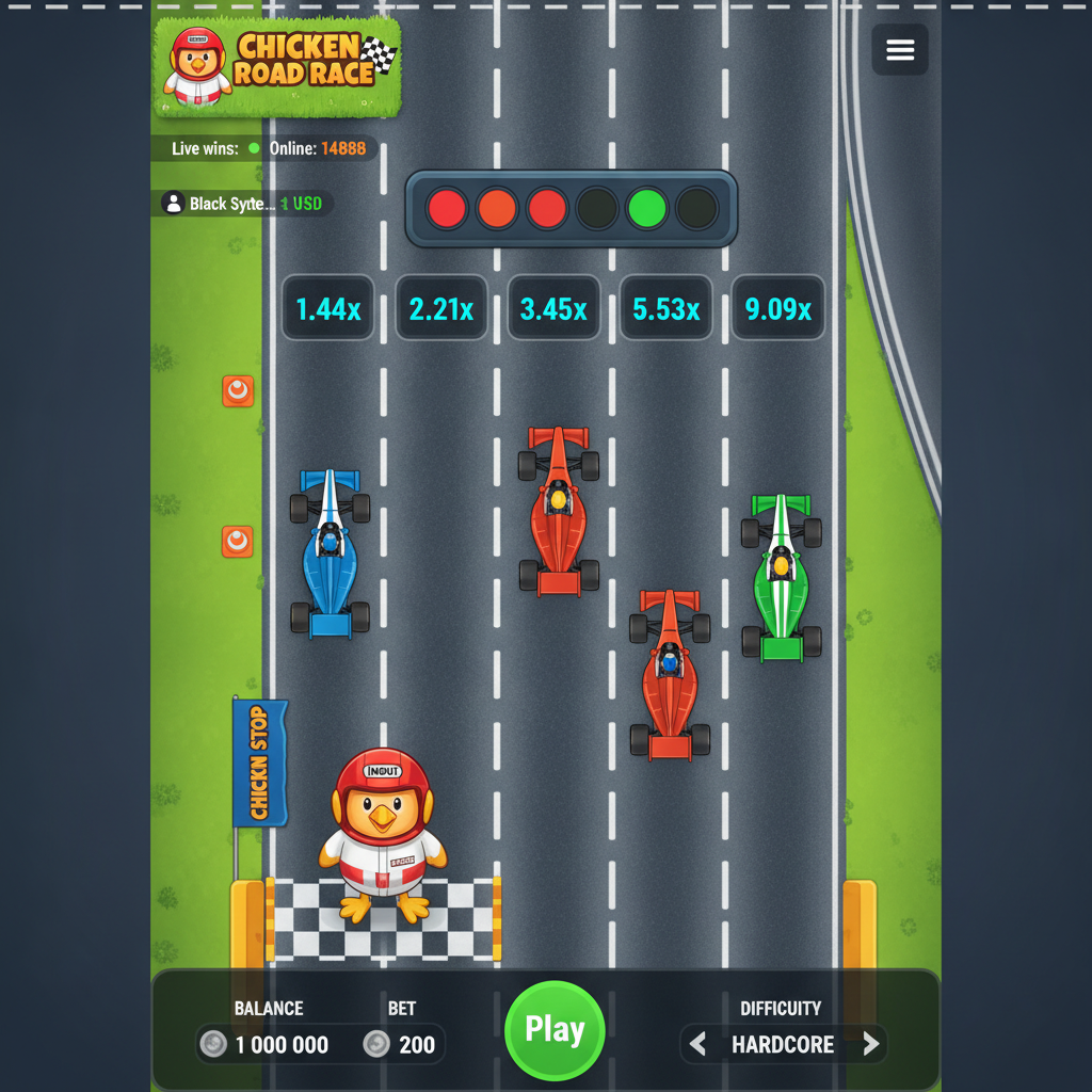 Chicken Road Race slot game featuring cartoon chicken mascot in red racing helmet navigating top-down view of multi-lane highway with progressive multipliers and Formula 1 racing cars