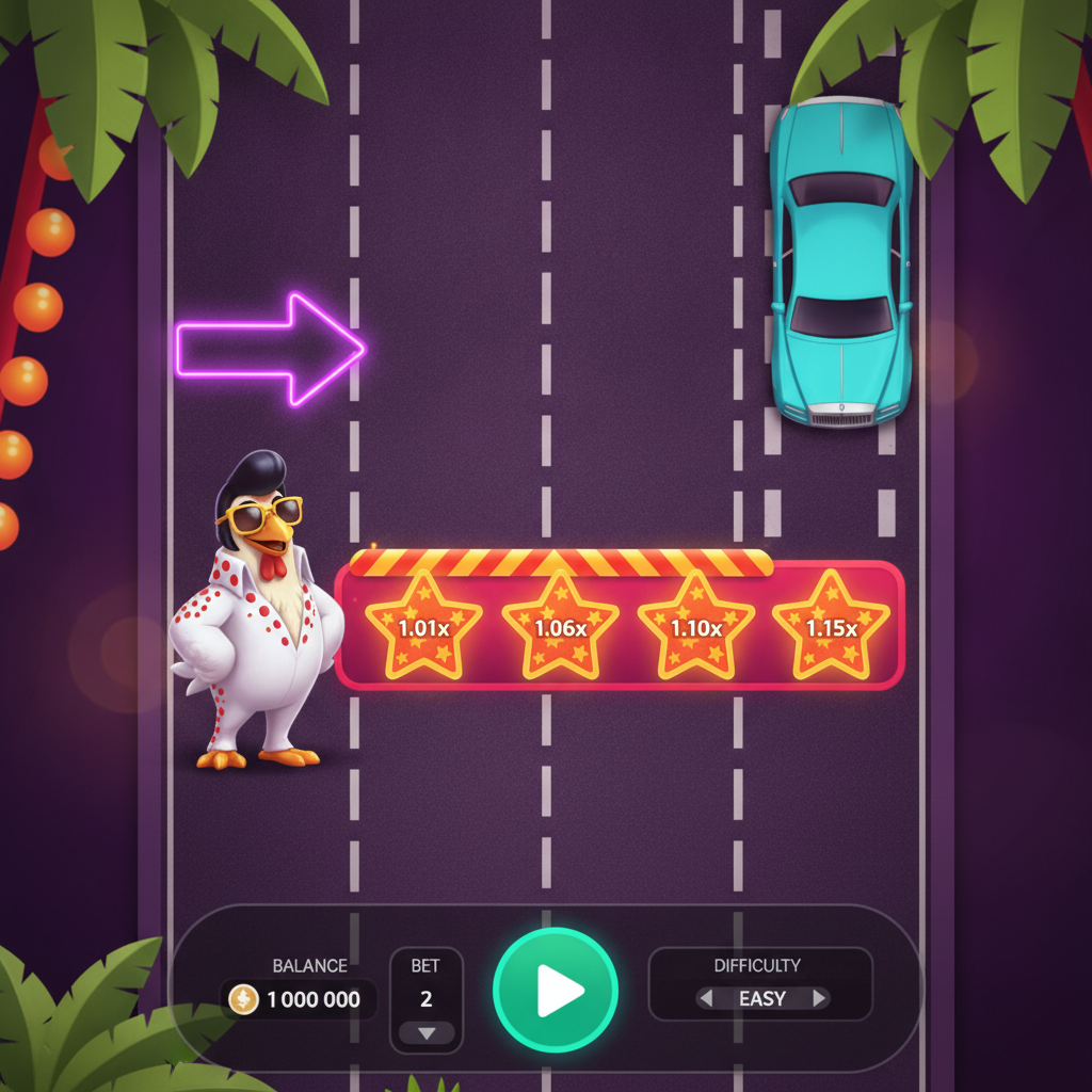 Chicken Road Vegas game showing Elvis-costumed chicken character crossing Vegas road with luxury cars, multiplier stars, and tropical palm decorations