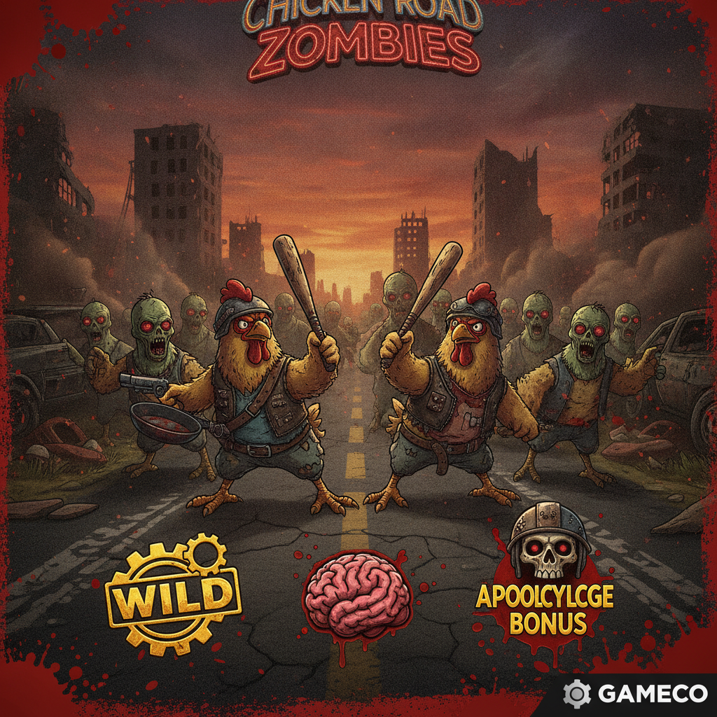 Chicken Road Zombies slot game featuring brave chickens fighting zombies, scatter symbols, wild multipliers and apocalypse bonus rounds