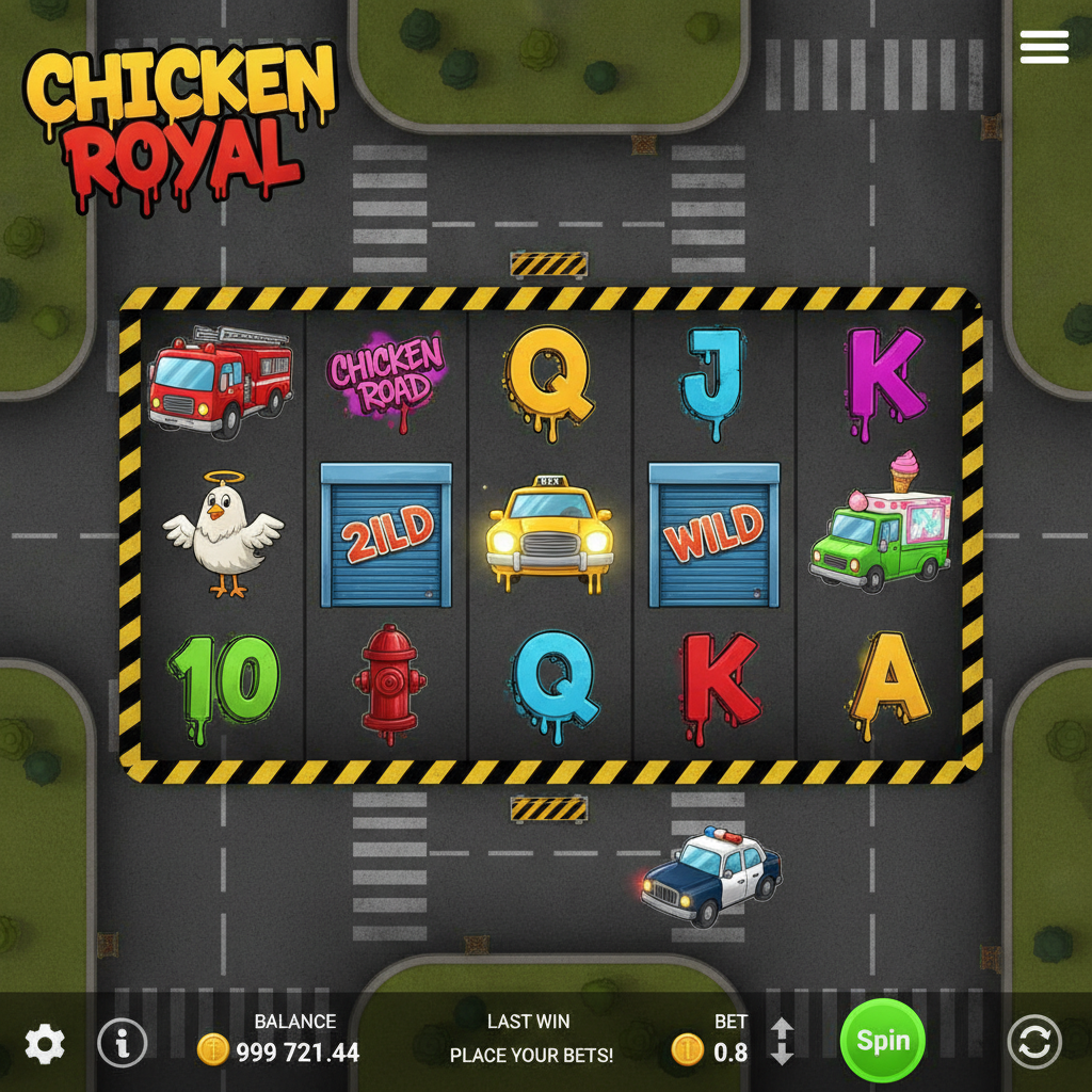Chicken Royal slot game showing 5x3 graffiti-themed reels with cartoon chicken, fire truck, taxi symbols, hazard stripe frame, and urban street background