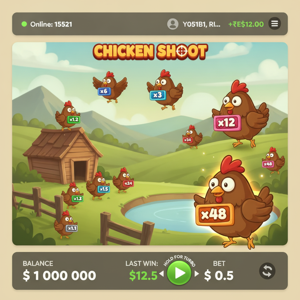 Chicken Shoot slot game showing cartoon chickens with multiplier badges x1.1 to x48 on pastoral farm background with wooden shed and green hills